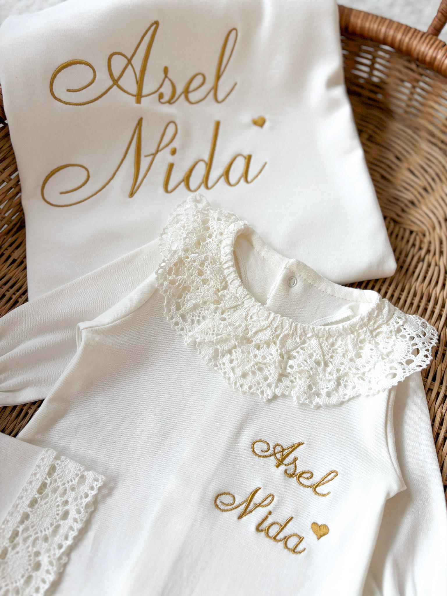 İsimli Dantelli Yenidoğan Seti İsme Özel Nakış Güpürlü Hastane Çıkışı Seti