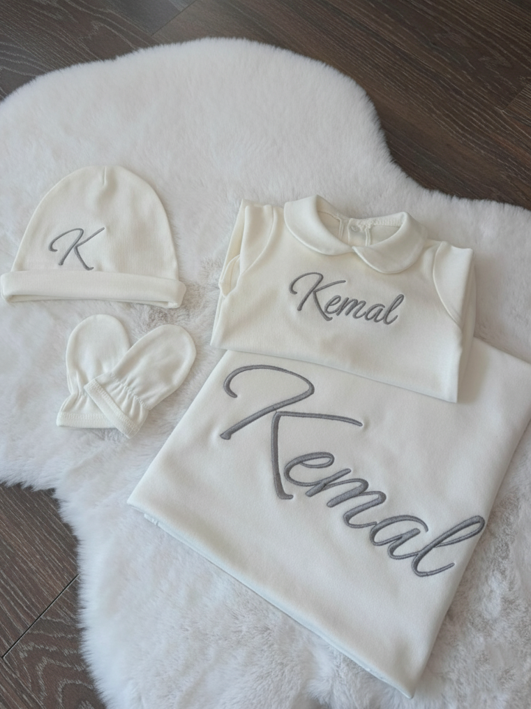 İsimli Nakışlı Bebe Yaka 4'lü Yenidoğan Seti Bebe Yakalı Hastane Çıkışı
