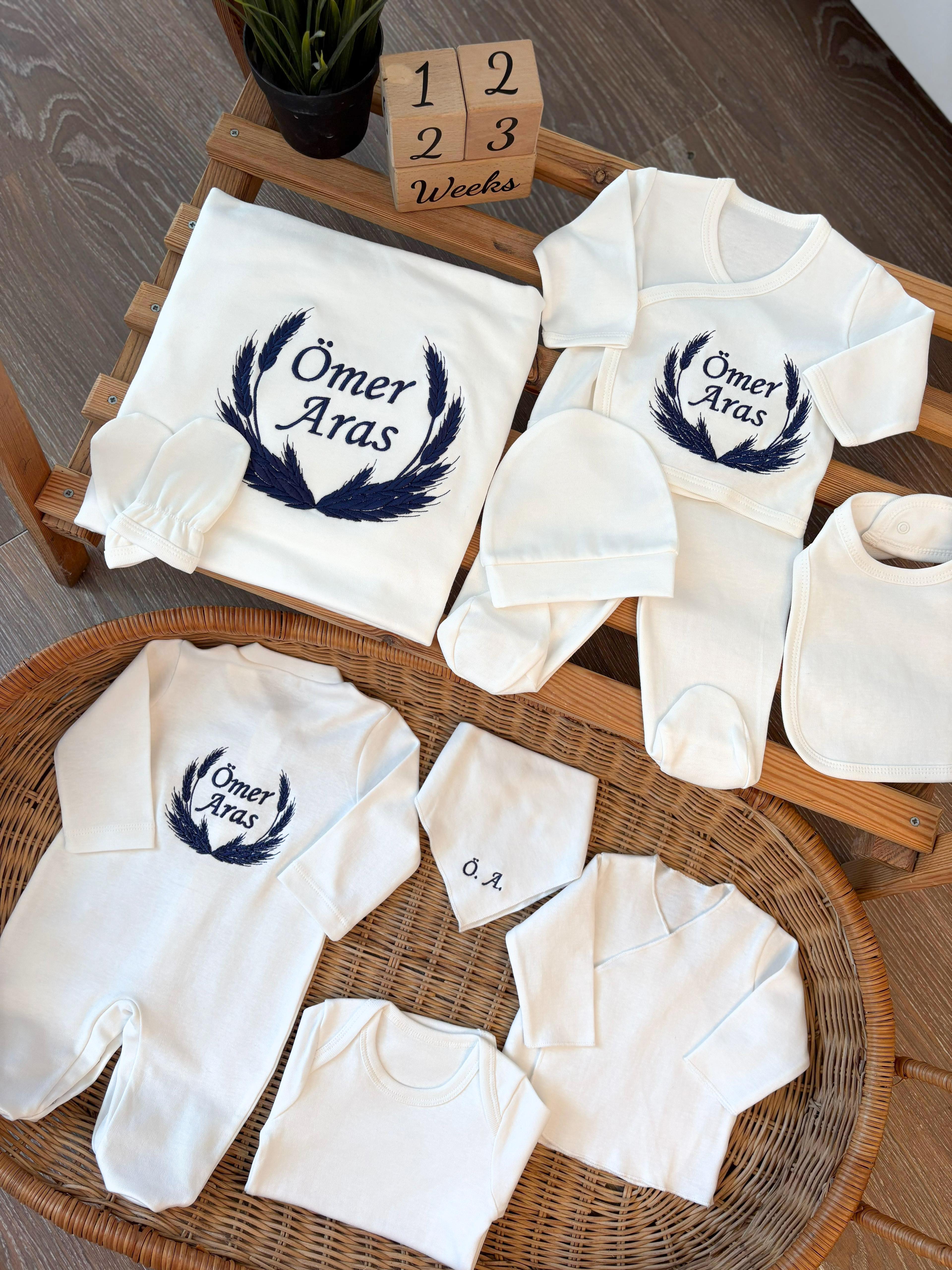 İsme Özel Hastane Çıkışı Seti Nakışlı 10'lu Yenidoğan Seti