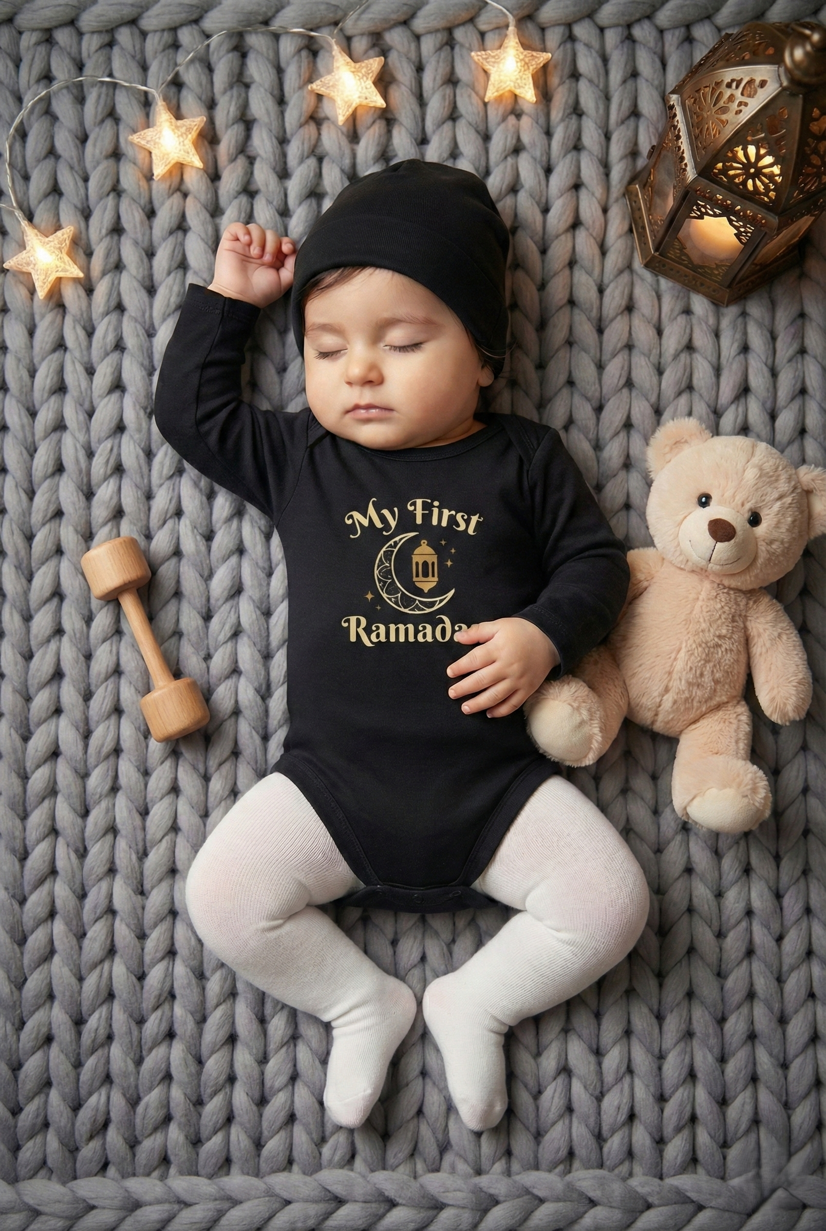 My First Ramadan Siyah Body Şapka Takımı İlk Ramazanım Temalı Bebek Takımı