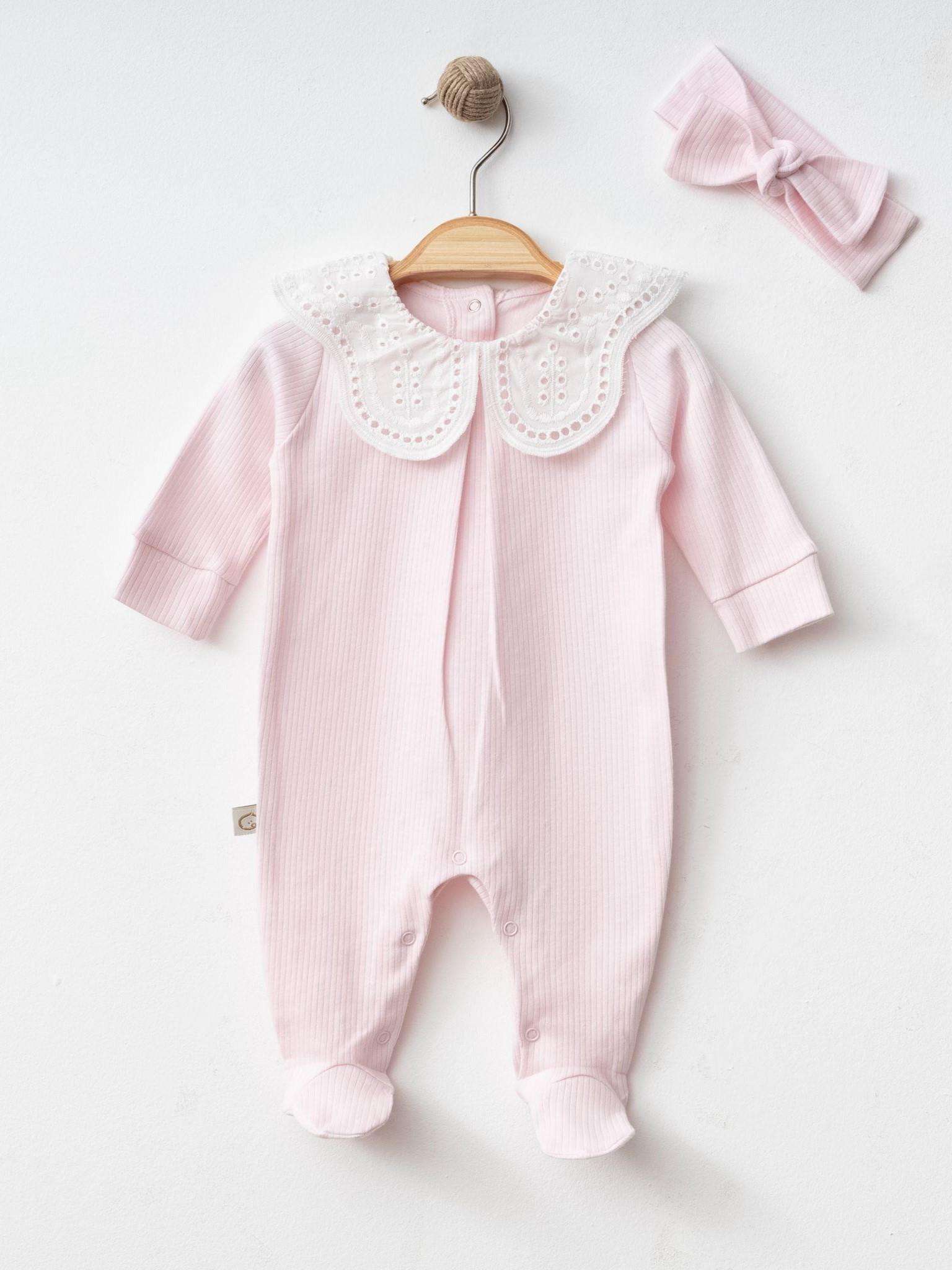 Puantiyeli Fisto Yakalı Pamuklu Penye Kız Bebek Tulum Seti