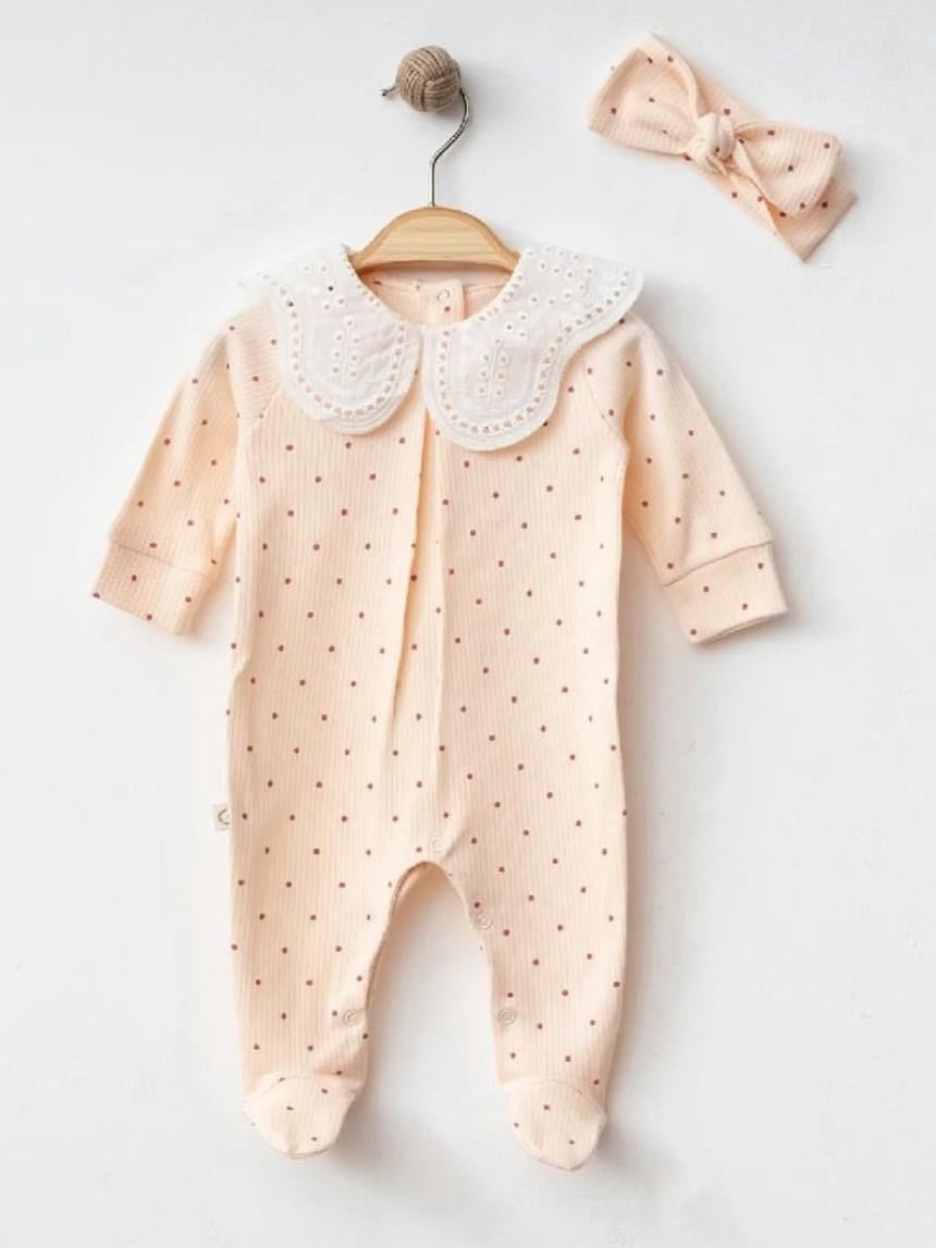 Puantiyeli Fisto Yakalı Pamuklu Penye Kız Bebek Tulum Seti