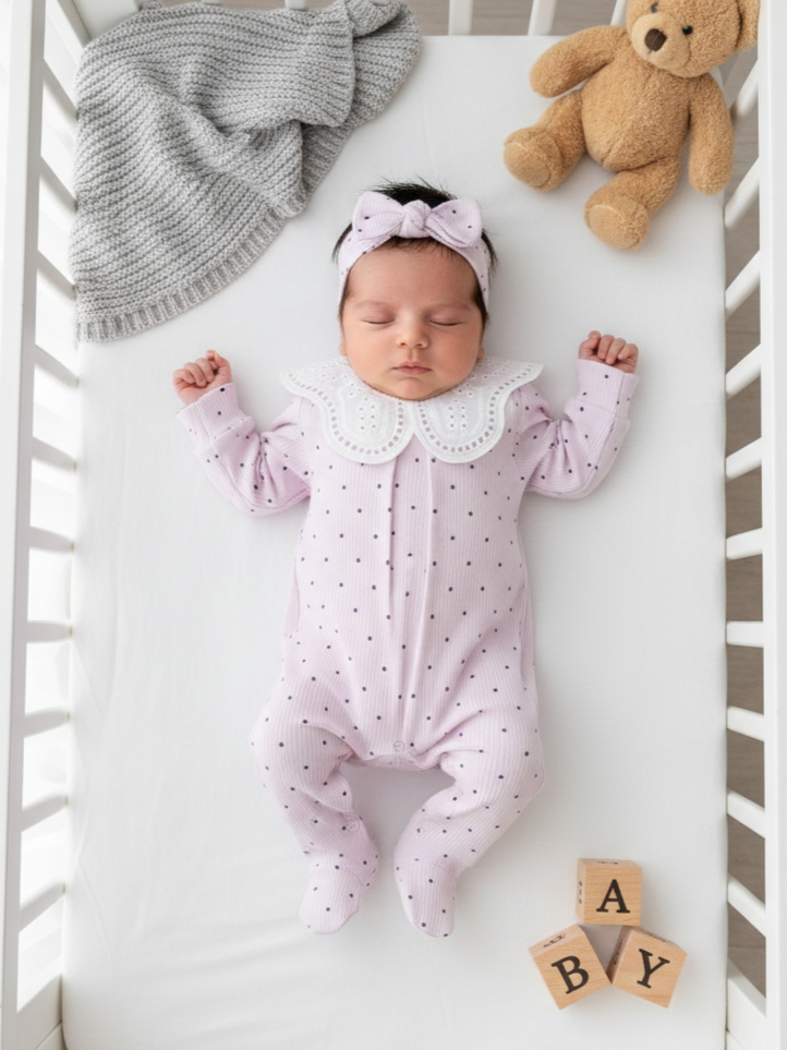 Puantiyeli Fisto Yakalı Pamuklu Penye Kız Bebek Tulum Seti