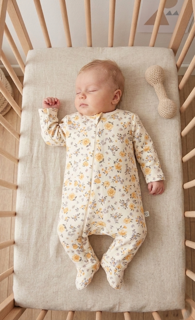 Sarı Çiçek Baskılı Fermuarlı Kız Bebek Tulumu