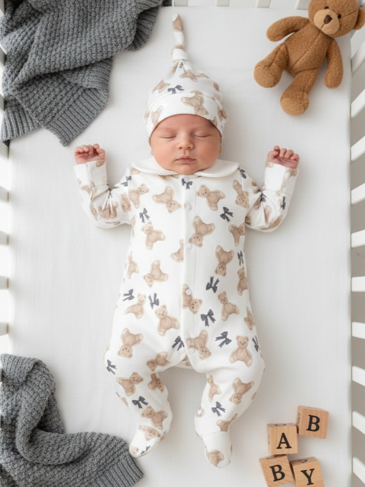 Teddy Figürlü Polo Yaka Penye Bebek Tulum Seti