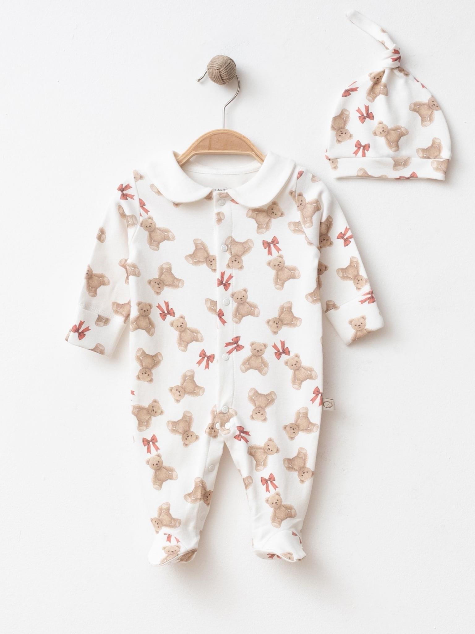 Teddy Figürlü Polo Yaka Penye Bebek Tulum Seti