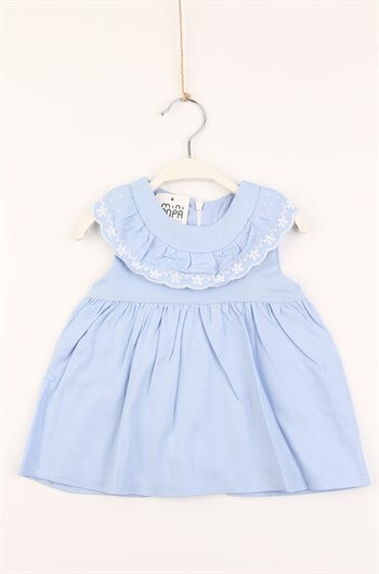 Brode Nakış İşlemeli Sıfır Kollu Mavi Pamuklu Astarlı Kız Bebek Elbise