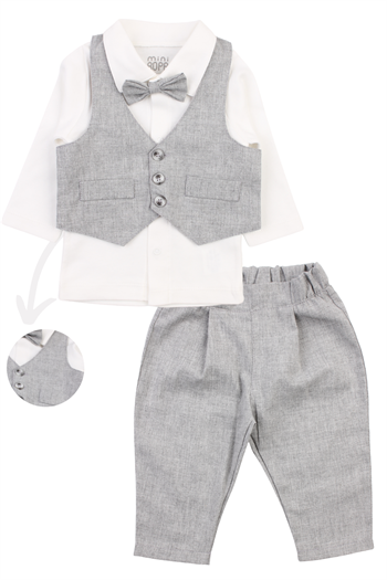 Gri Yelekli Erkek Bebek Takım Düz  Gri Bebek Takım Elbise  Özel Gün Kıyafeti
