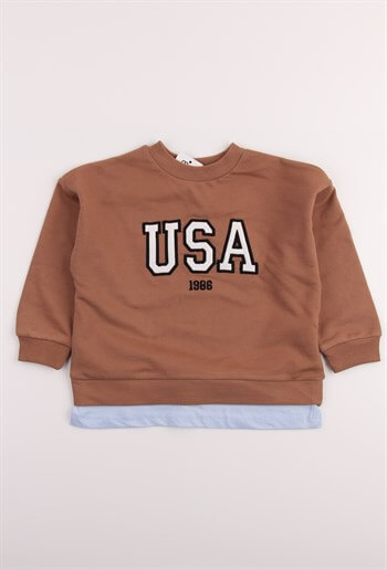USA Nakışlı Kahve Sweatshirt
