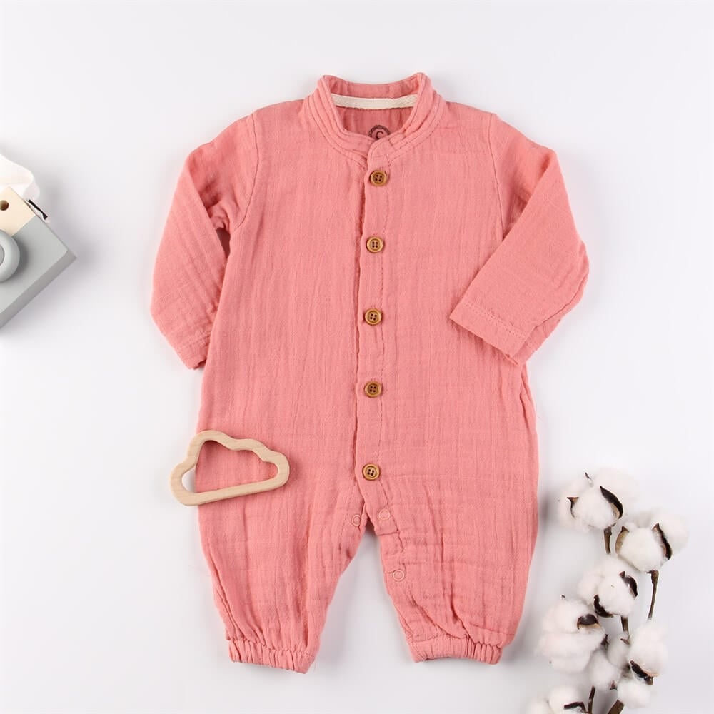 %100 Pamuklu Natural Yıkanmış Müslin Düğmeli Pembe Bebek Tulumu