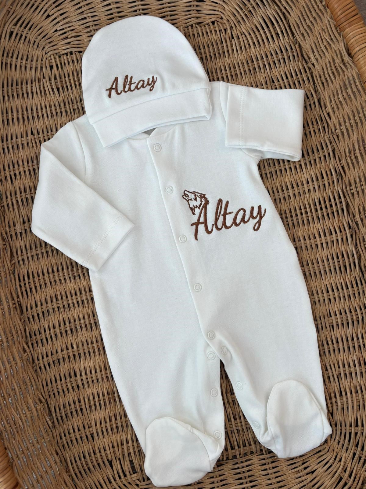 Bebek Nakışlı Yenidoğan Kıyafeti Tulum Şapka