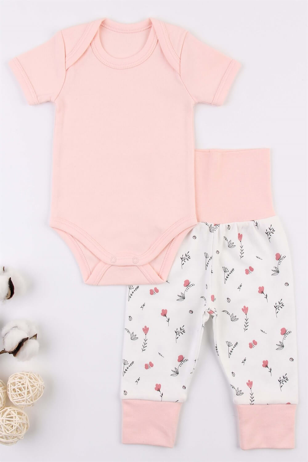 Çiçek Baskılı Yarım Kol Pembe Body Pantolon Kız Bebek Takımı