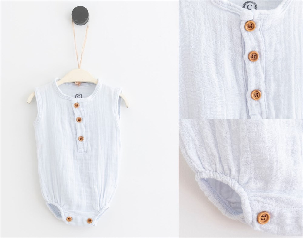 Düğmeli Organik Mavi Müslin Kız Bebek Body Yazlık Tulum