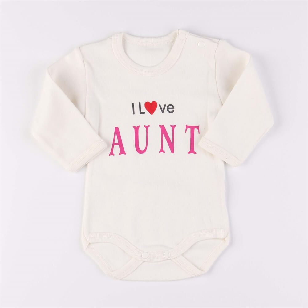 I Love Aunt Baskılı Çıtçıtlı Uzun Kollu Ekru-Pembe Bebek Body