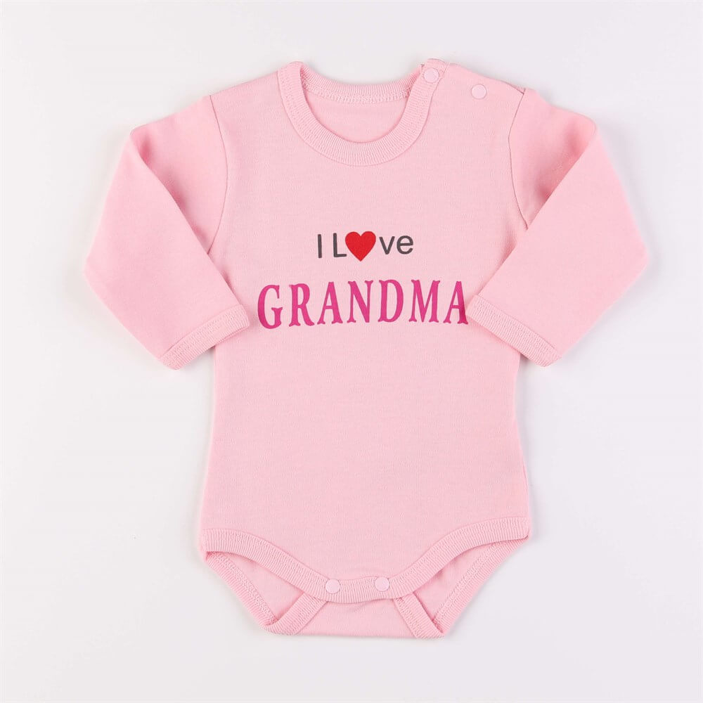I Love Grandma Baskılı Çıtçıtlı Uzun Kollu Pembe Bebek Body