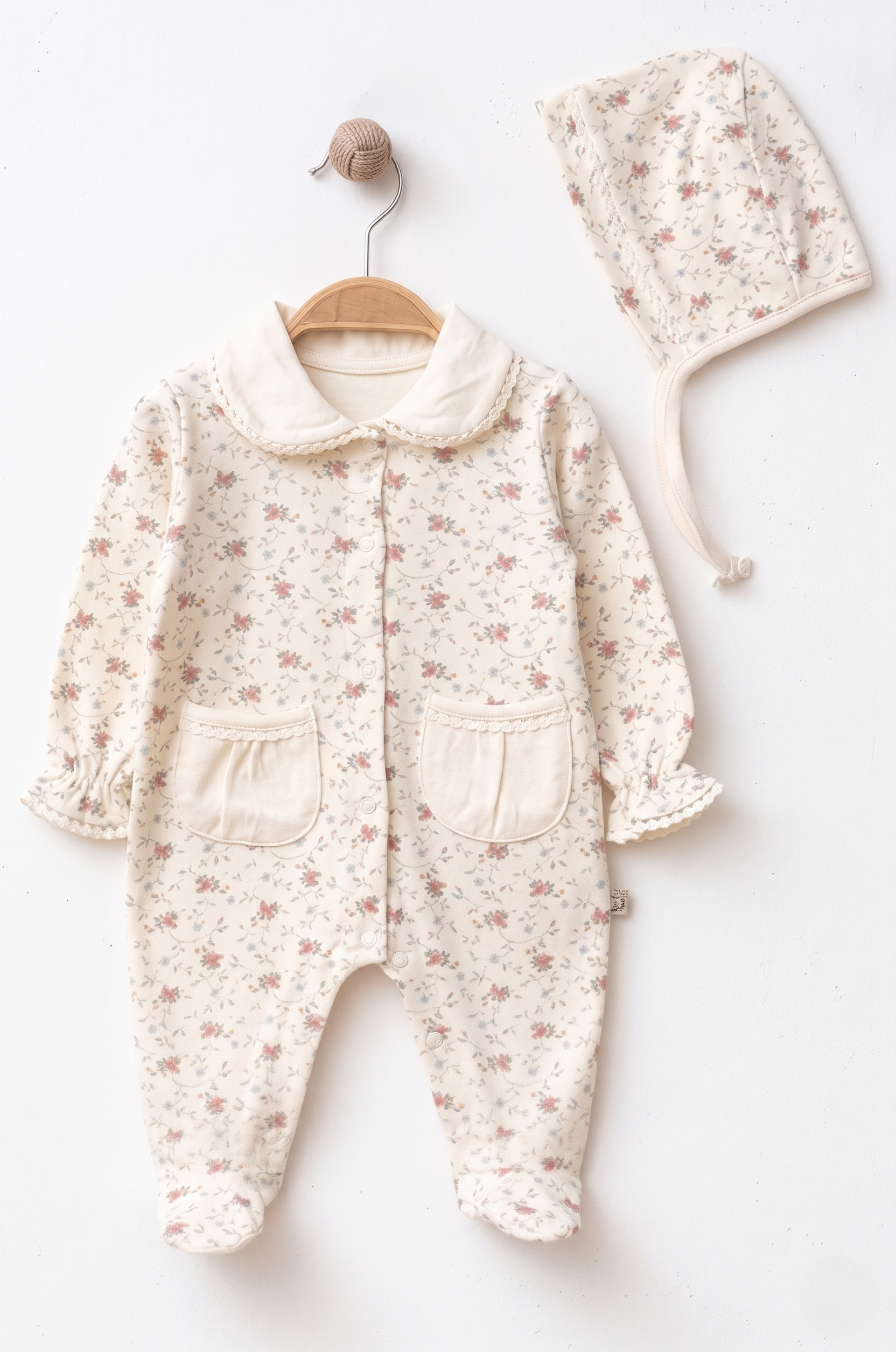 Kendinden Eldivenli Gül Desenli Cepli Kız Bebek Tulumu