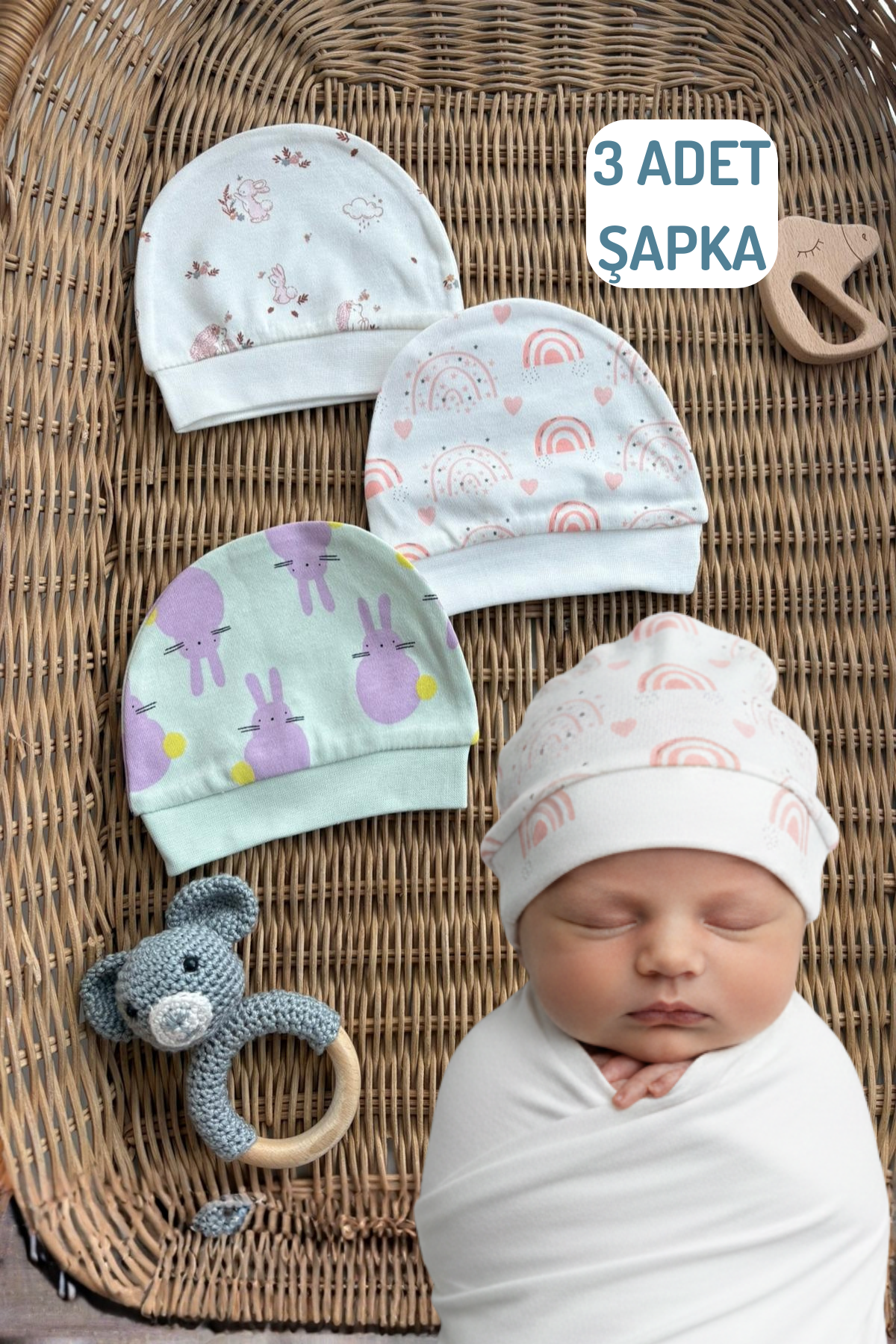 Kız Bebek Şapkası 3 Adet Penye Şapka
