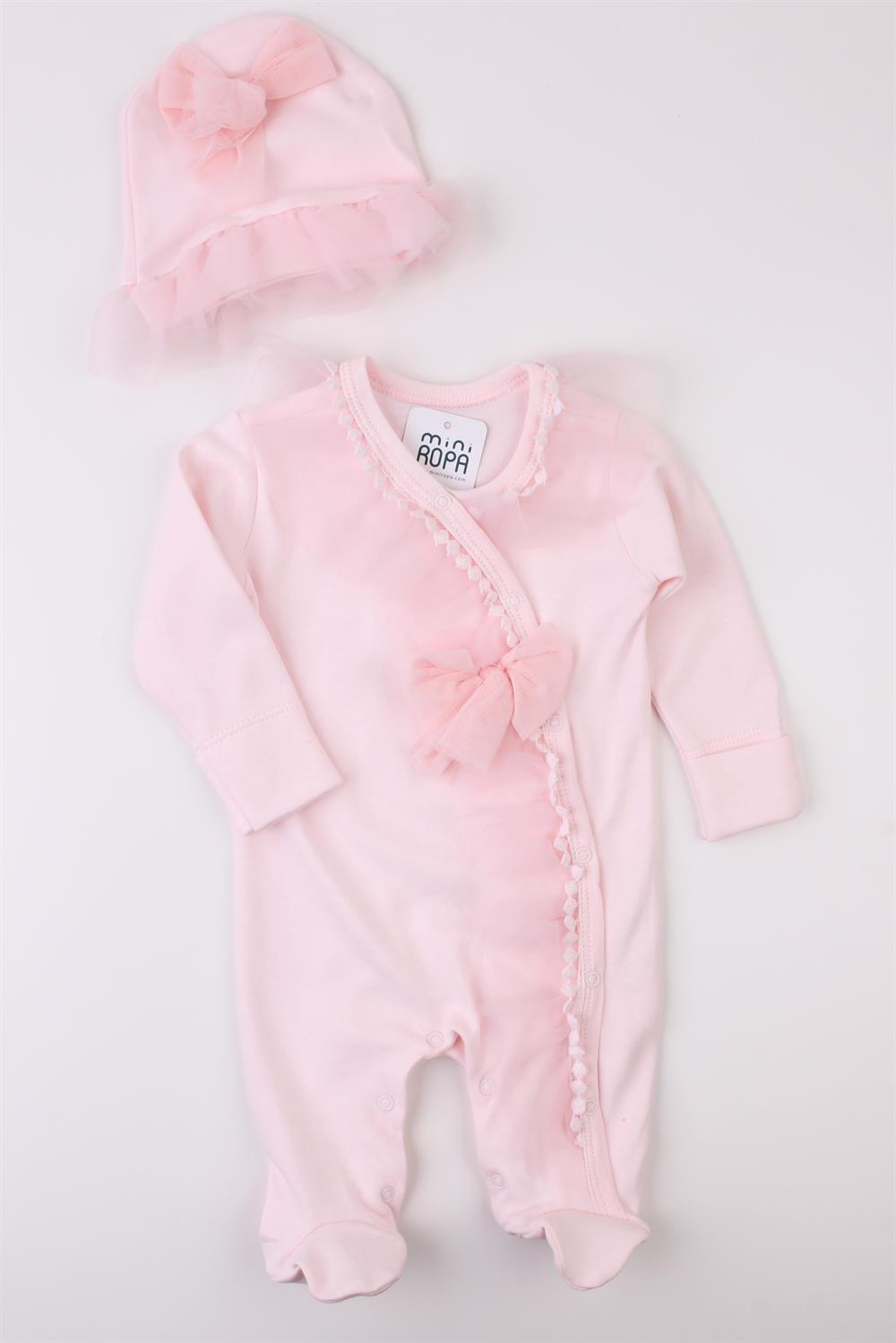 Pembe Fiyonklu Tüllü Şapkalı Kız Bebek Tulumu