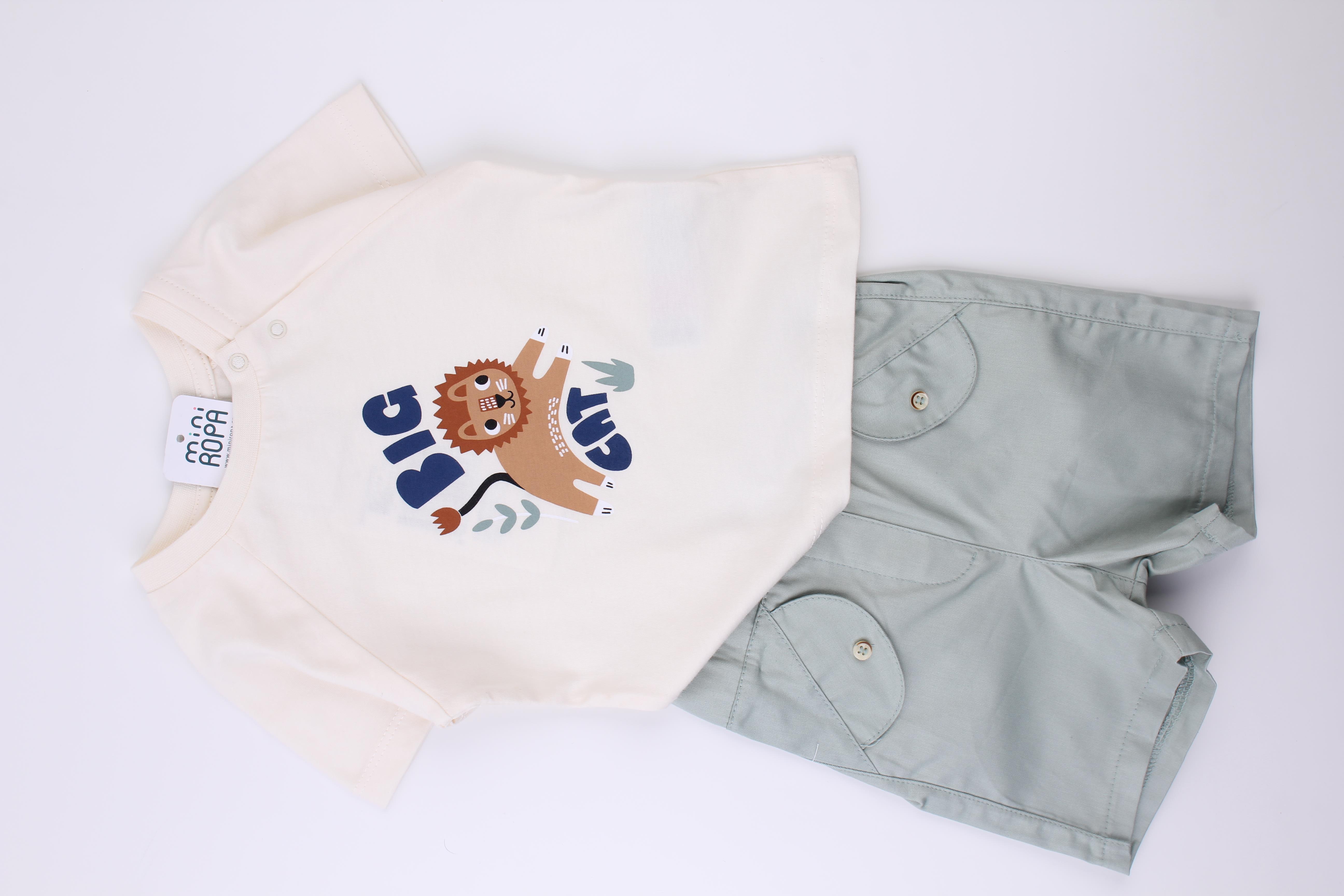Şortlu Erkek Bebek Takımı Yeşil Dokuma Şortlu Penye Tshirt  