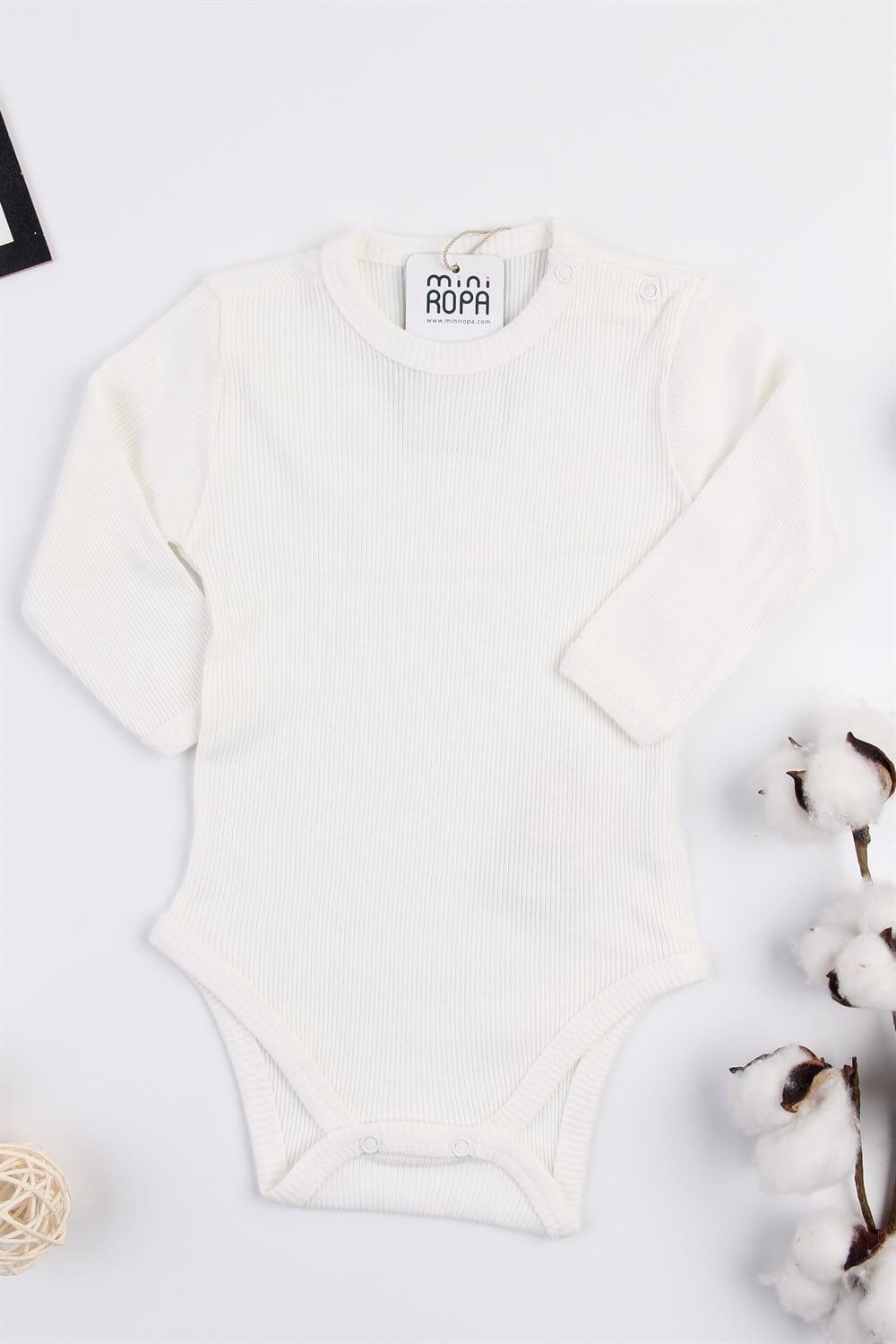 Uzun Kollu Ekru Çıtçıtlı Fitilli Kaşkorse Bebek Body