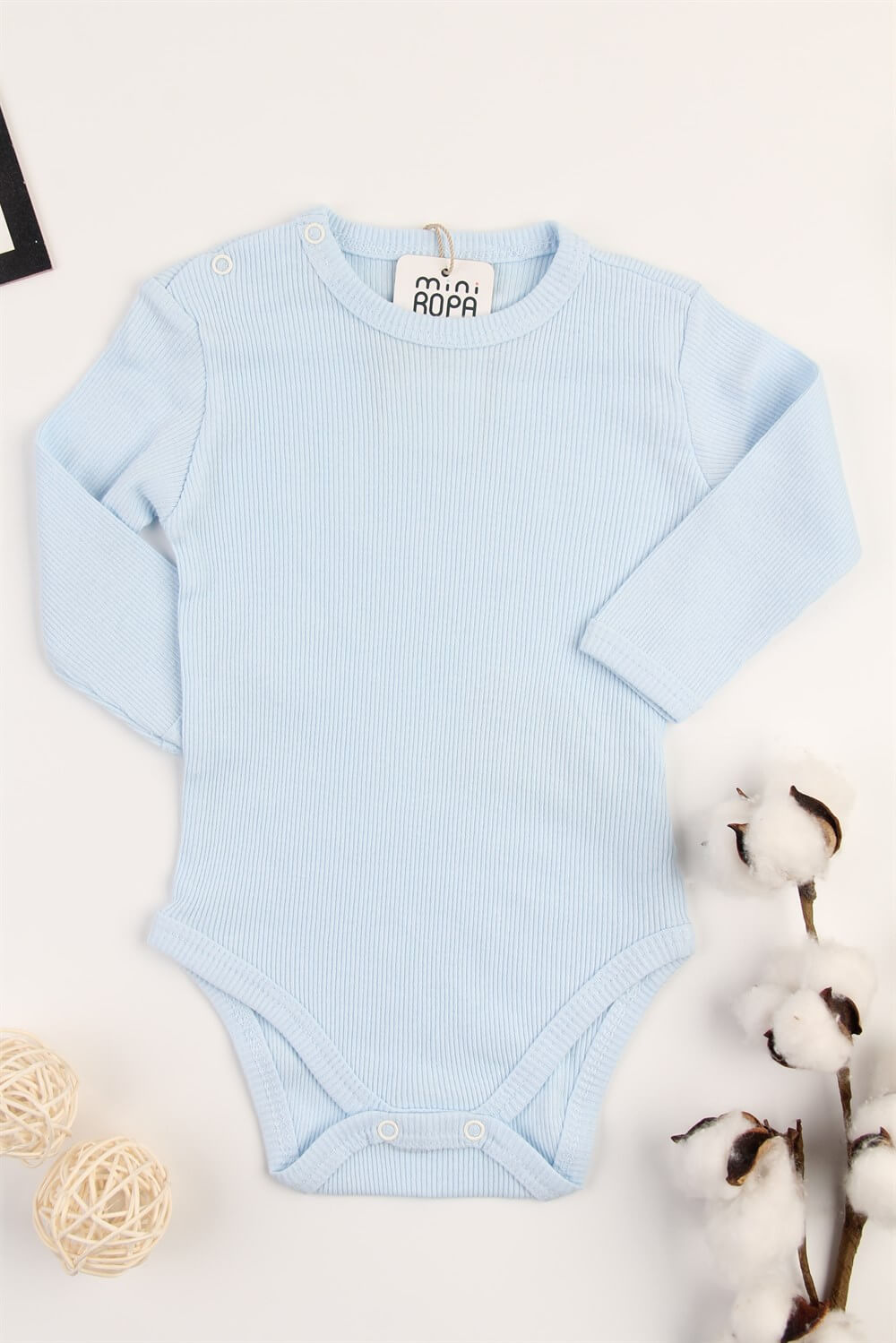 Uzun Kollu Mavi Çıtçıtlı Fitilli Kaşkorse Bebek Body