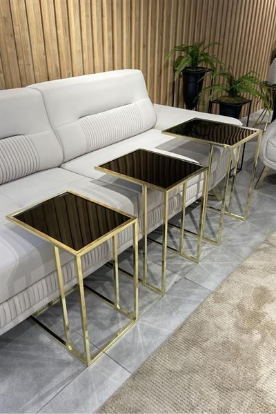 3'lü C Sehpa GOLD NİKELAJ, SİYAH Camlı, Çok Amaçlı Metal Sehpa