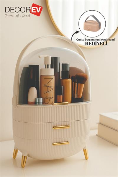 3 Çekmeceli Büyük Kapasiteli Kozmetik Düzenleyici + Çanta Boy Organizer Hediyeli