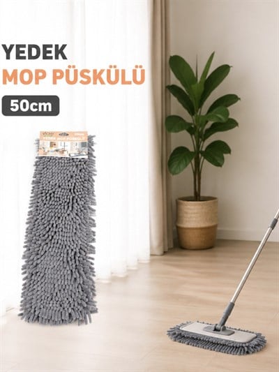 50 Cm Yedek Mop Püskülü Şönil Mikrofiber Makarna Mop Bezi Islak Kuru Kullanım Uyumlu VICHY-7036 