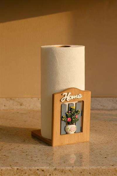 Ahşap Kağıt Havlu Tutucu – Çiçek Vazolu ve “Home” Yazılı Dekoratif Mutfak Aksesuarı BR-6627