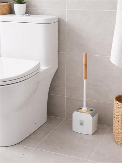 Ahşap Saplı Köşeli Tuvalet Fırçası ve Standı – Modern, Açık Hazneli WC Fırçası VICHY-7044