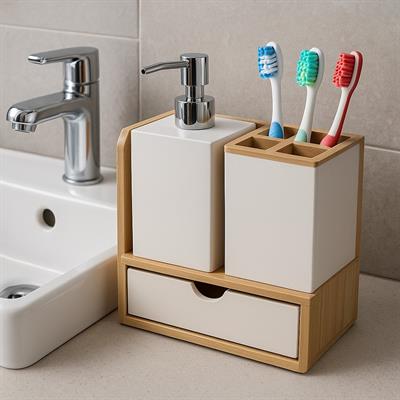 Bambu Tabanlı Plastik Banyo Seti – Sıvı Sabunluk, Diş Fırçalık ve Çekmeceli Organizer UR-3523