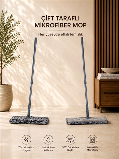Çift Taraflı Mikrofiber Makarna Mop 360° Döner Başlıklı Temizlik Mopu  VICHY-7029  40CM 