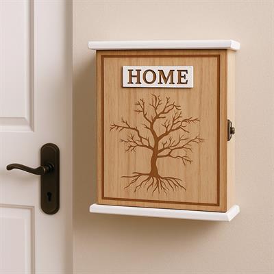 Doğal Ahşap Kapaklı Anahtarlık Kutusu – Ağaç Motifli Duvar Tipi Askılık 