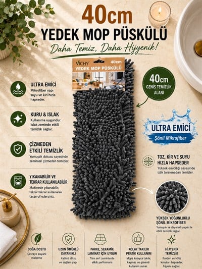 Yedek Mop Püskülü 40 Cm Şönil Mikrofiber Mop Başlığı Ultra Emici Yıkanabilir Bez VICHY-7035 