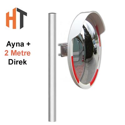 Trafik Güvenlik Aynası 60 cm Kırmızı-Beyaz ve 2 m Galvaniz Flanşlı Direk Set