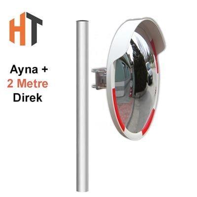 Trafik Güvenlik Aynası 80 cm Kırmızı-Beyaz ve 2 m Galvaniz Flanşlı Direk Set