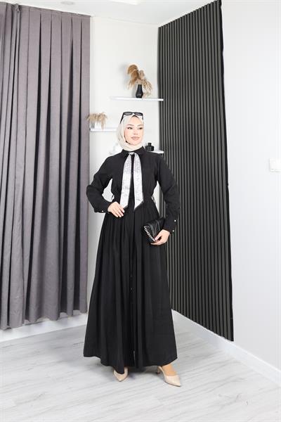 YAKASI FULAR DETAYLI KUPRA ELBİSE