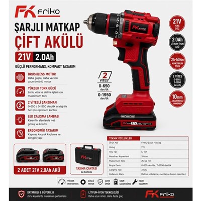 FRIKO Şarjlı Matkap Çift Akülü 21V 2 Ah