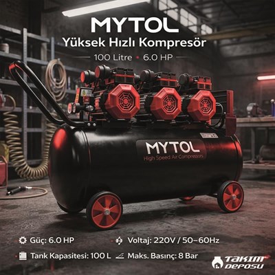 MYTOL 100 LT Hava Komprosörü Yüksek Hızlı 6 HP - MYK1002