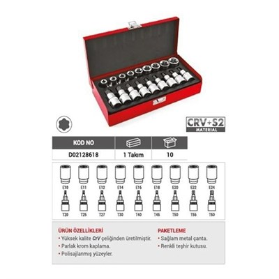 PRODHT D02128618 1/2 Torx Uçlu Lokma Takımı İç ve Dış 18 Parça