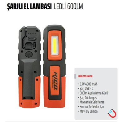 RICO 013-RC0031 Şarjlı Mıknatıslı Led Çalışma Lambası 600 Lümen