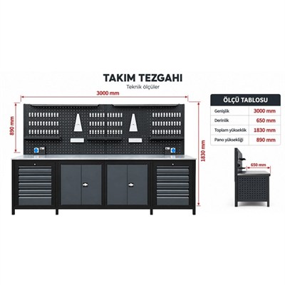 TAKPOWER TTR4430 3 Metre Takım Tezgahı 10 Çekmeceli 2 Dolaplı Ara Bölmeli Antrasit
