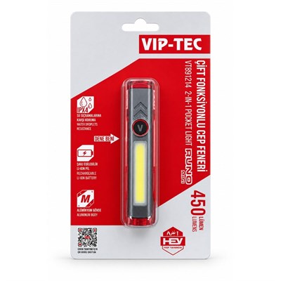 VIP-TEC VT891214 Runo Şarjlı Çift Fonksiyonlu Mini Cep Fener 450 Lümen