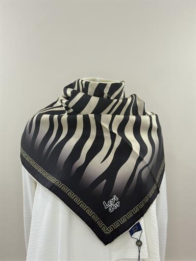 Levidor | Siyah-Krem Zebra Desen Twill İpek Eşarp
