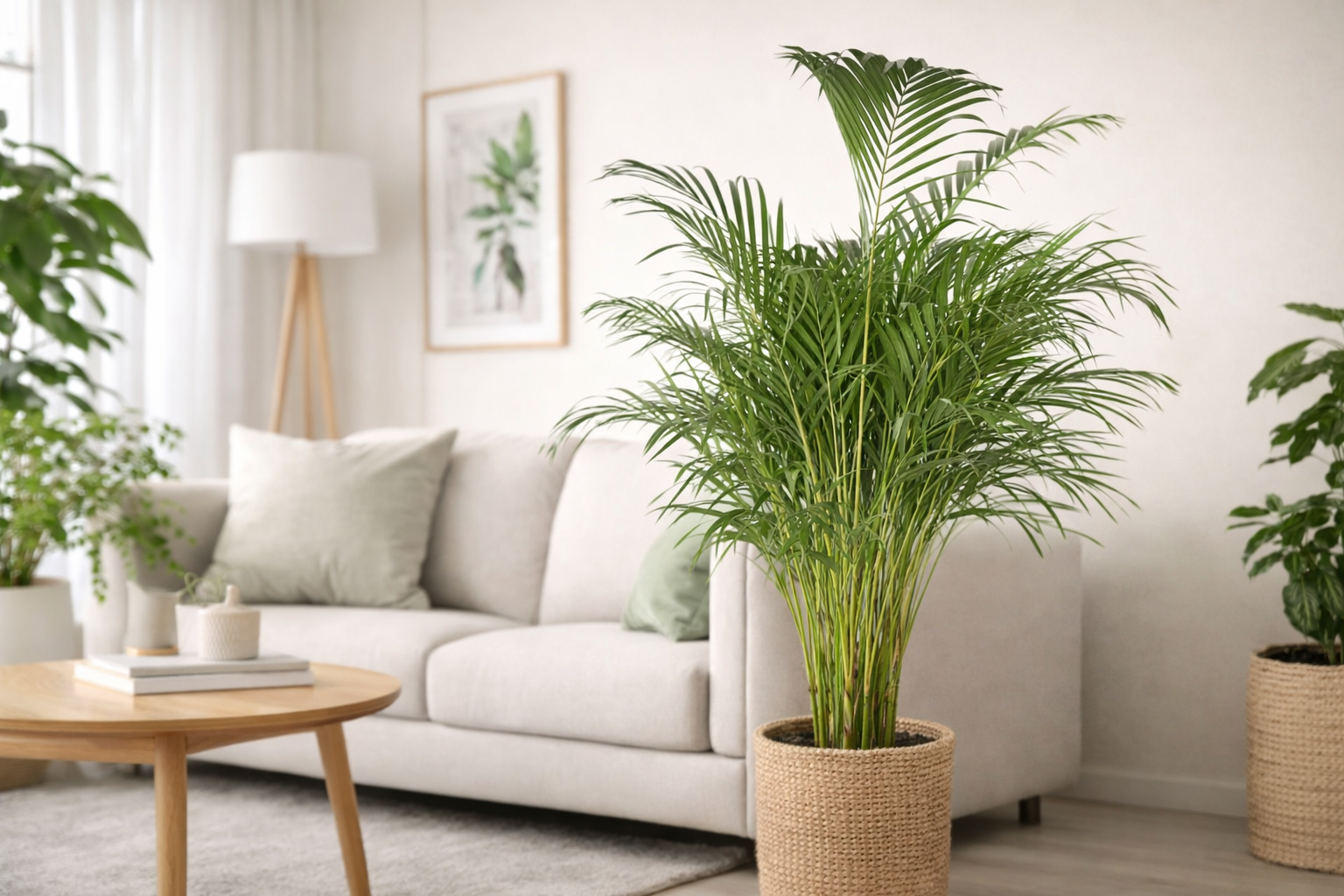 Aydınlık bir salon köşesinde, ince yapraklı ve dolgun formlu Areka Palmiyesi (Dypsis lutescens) doğal dokulu saksı içinde