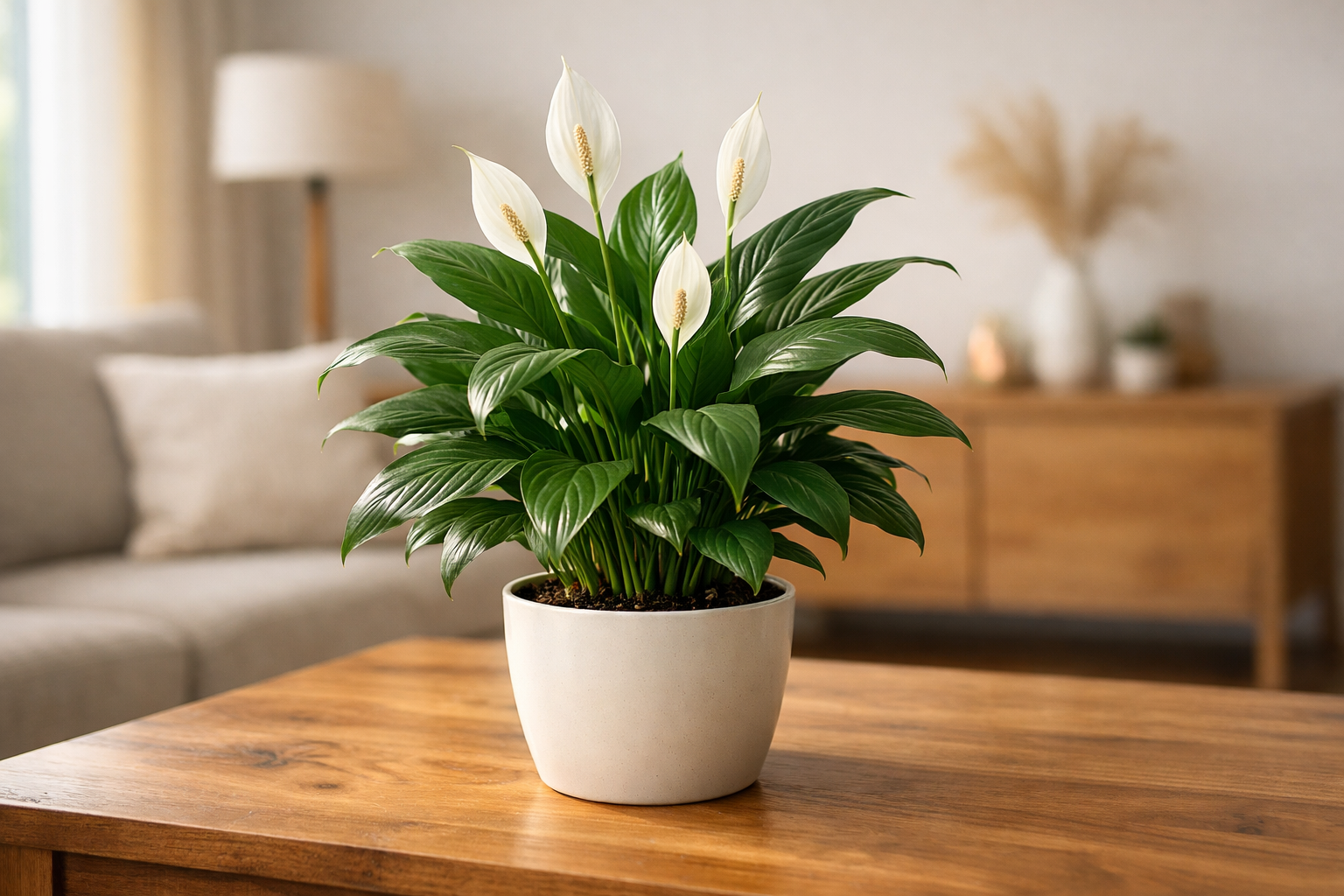 Barış çiçeği bakımı için ideal ortamda yetiştirilen sağlıklı bitki