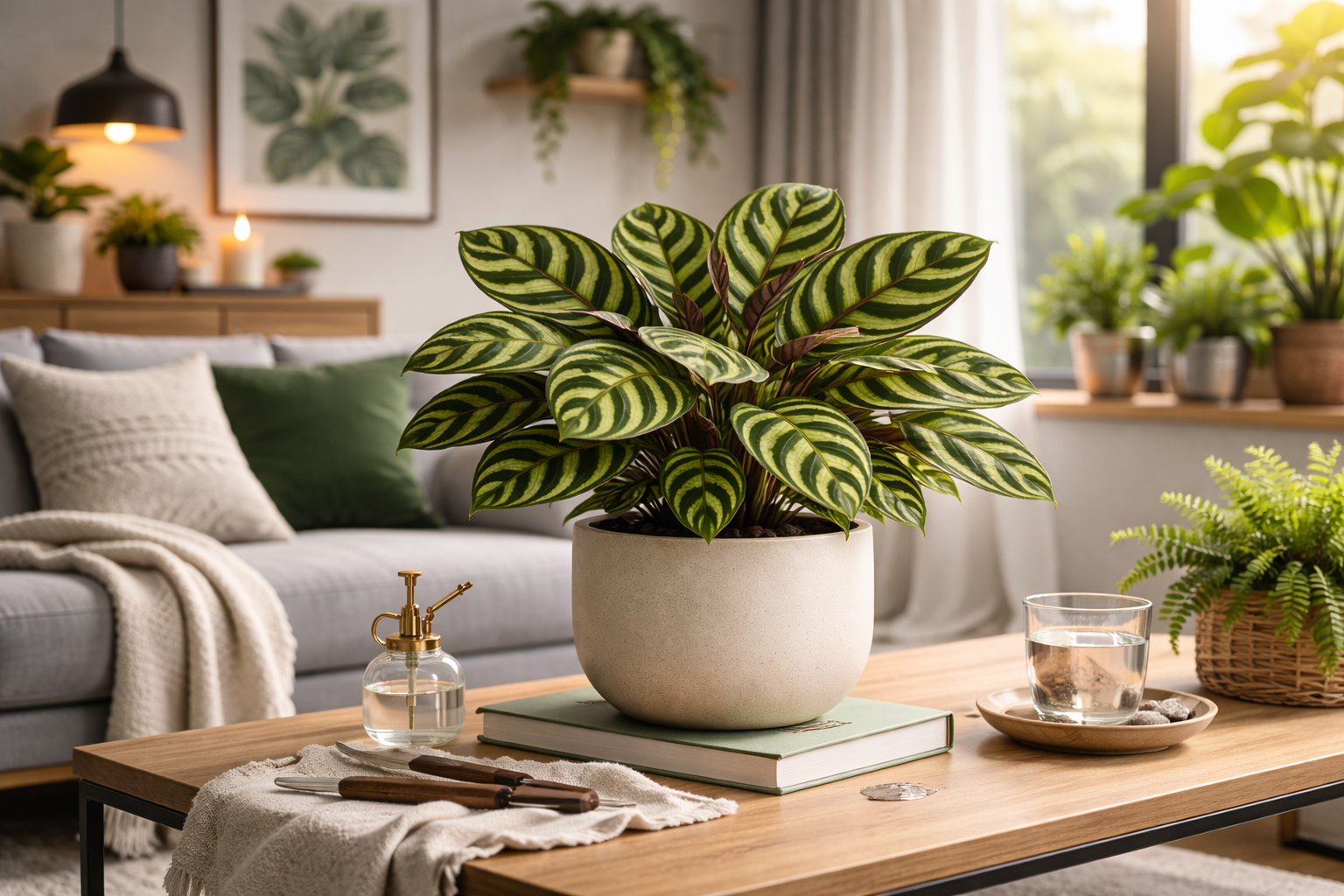 Tavuskuşu desenli Calathea makoyana yaprakları, iç mekanda yakın plan