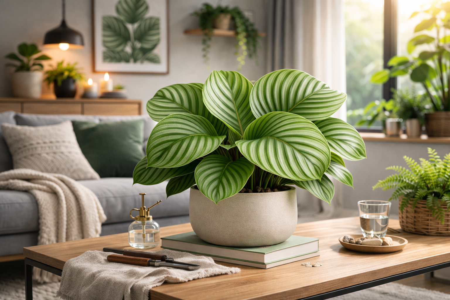 Calathea orbifolia’nın büyük, çizgili yeşil yapraklarıyla minimal salon dekoru
