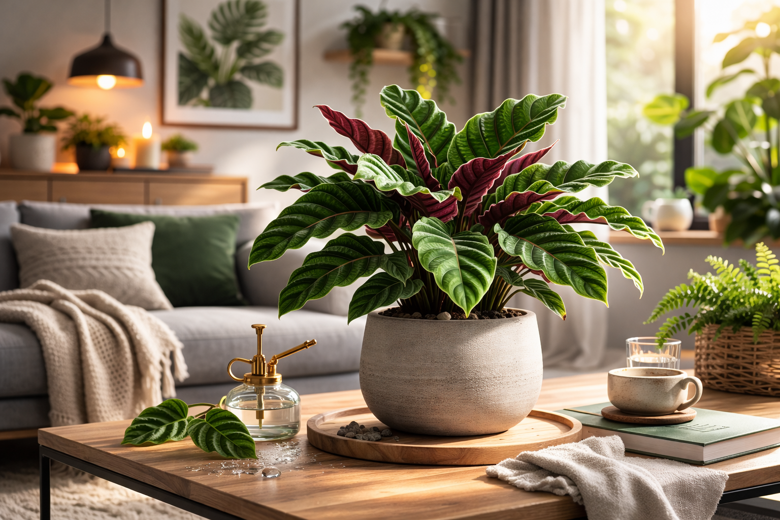 Yakın planda kadife dokulu Calathea rufibarba yaprakları