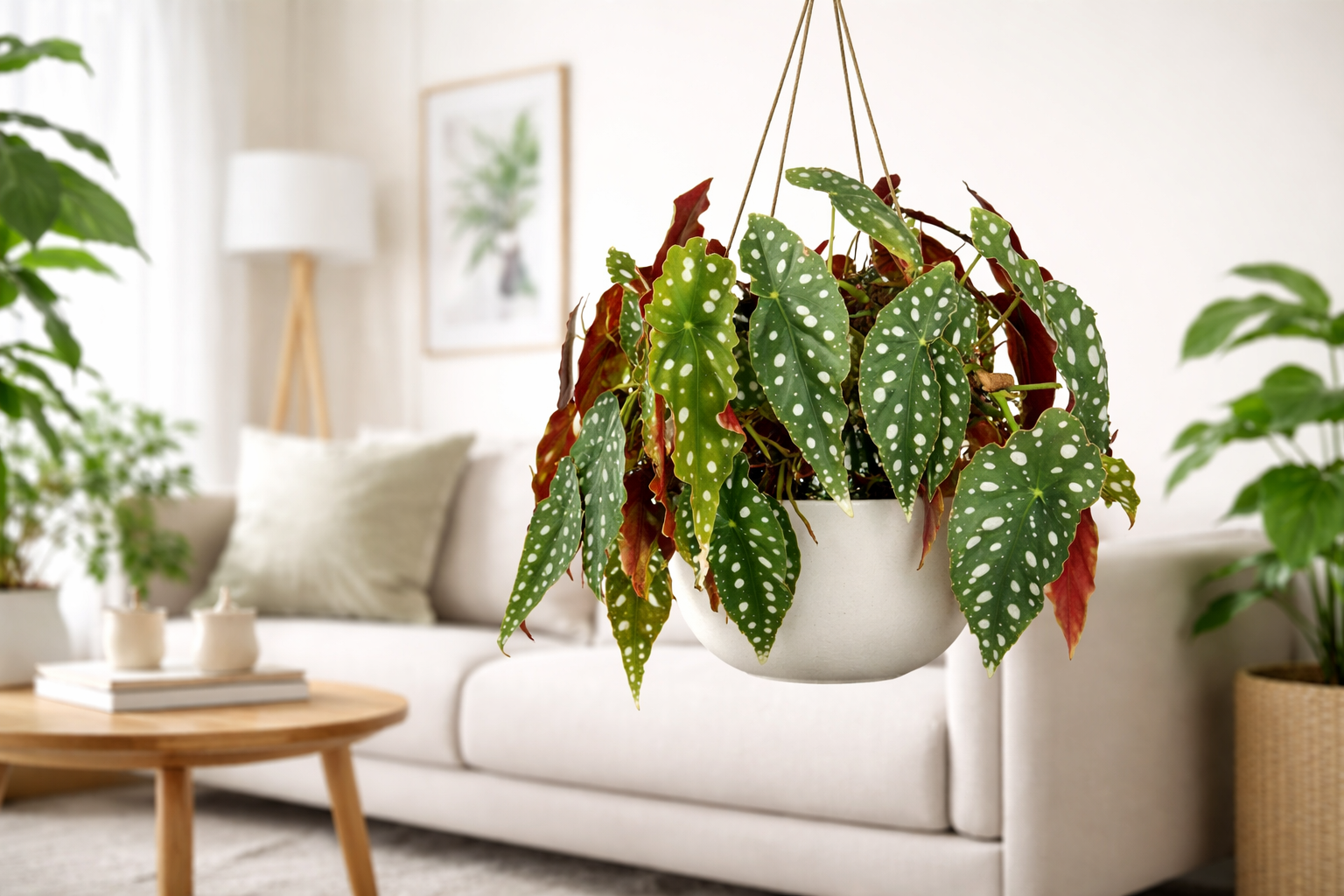 Benekli yaprakları ve kırmızımsı alt yüzeyiyle sağlıklı görünen Çilli Begonya (Begonia maculata) iç mekânda dekoratif bir saksıda